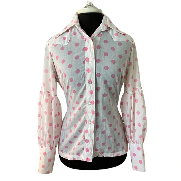 Vintage Allen Brand Pink Polkadot Blouse XS - Picture 1 of 7